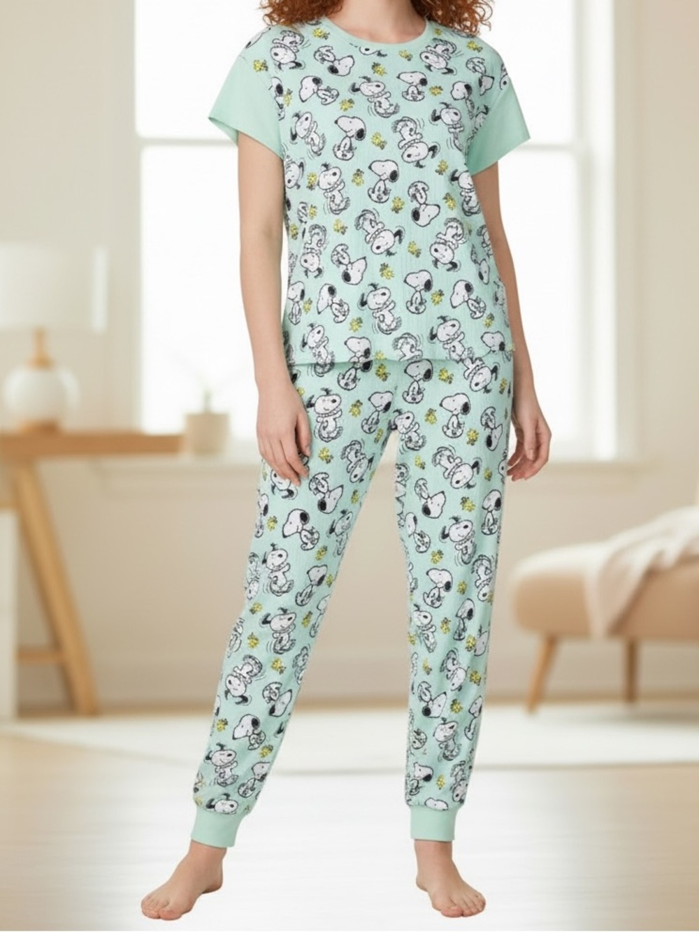 Peanuts Snoopy 2-Piece Pajama Set Green NWT Size Large Soft Rib Knit
